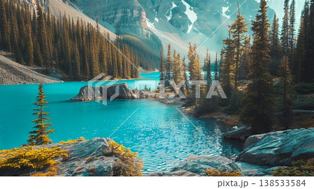 Alpine Lake with Turquoise Waters and Pine Trees in Majestic Mountain Landscape - Concept of Natural Beauty, Serenity, Outdoor Adventure Alpine Lake with Turquoise Waters and Pine Trees in Majestic Mountain Landscape - Concept of Natural Beauty, Serenity, Outdoor Adventure 138533584