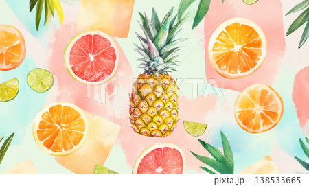 Colorful Watercolor Illustration of Tropical Fruits Including Pineapple, Grapefruit, Lime, and Orange Slices. Concept of Summer Vibes, Juicy Freshness, Tropical Flavors, . Summer Background. 138533665