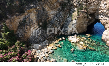Rocky sea arch. A stunning view of the seashore. Rocky arch flowers. High quality 4k footage 138534619