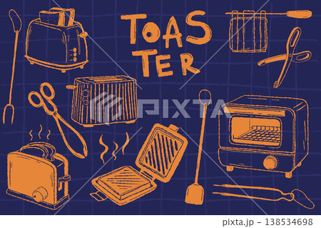 Kitchen toaster and cooking tools collection in bold retro sketch style Kitchen toaster and cooking tools collection in bold retro sketch style 138534698