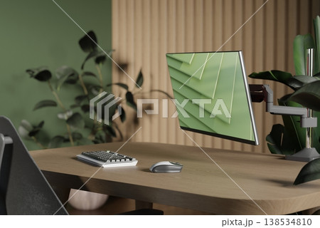 Eco-friendly workspace with wooden desk, green plants and modern computer monitor. 3D render Eco-friendly workspace with wooden desk, green plants and modern computer monitor. 3D render 138534810