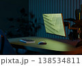 Modern dark home office setup with smart LED illumination and minimalist wooden desk. 3D render 138534811