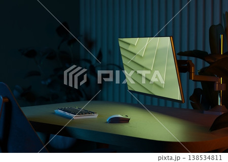 Modern dark home office setup with smart LED illumination and minimalist wooden desk. 3D render Modern dark home office setup with smart LED illumination and minimalist wooden desk. 3D render 138534811