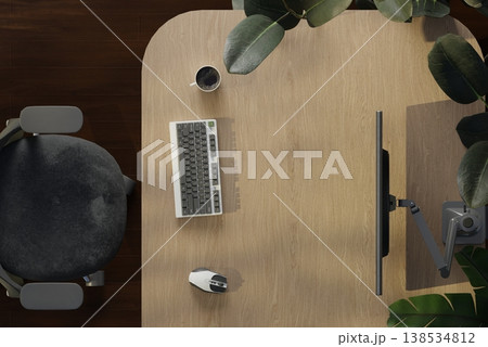 Eco-friendly workspace with wooden desk, green plants and modern computer monitor. 3D render Eco-friendly workspace with wooden desk, green plants and modern computer monitor. 3D render 138534812
