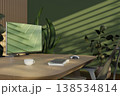 Eco-friendly workspace with wooden desk, green plants and modern computer monitor. 3D render 138534814