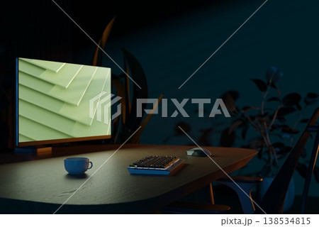 Modern dark home office setup with smart LED illumination and minimalist wooden desk. 3D render Modern dark home office setup with smart LED illumination and minimalist wooden desk. 3D render 138534815