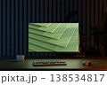 Modern dark home office setup with smart LED illumination and minimalist wooden desk. 3D render 138534817