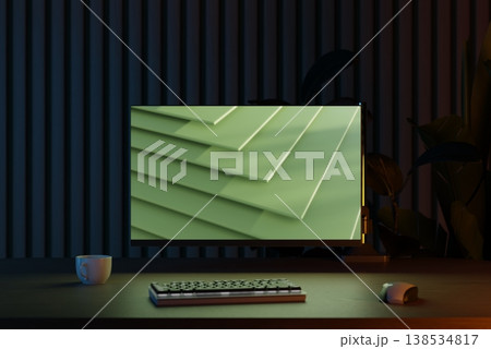 Modern dark home office setup with smart LED illumination and minimalist wooden desk. 3D render Modern dark home office setup with smart LED illumination and minimalist wooden desk. 3D render 138534817