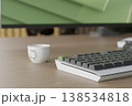 Eco-friendly workspace with wooden desk, green plants and modern computer monitor. 3D render 138534818