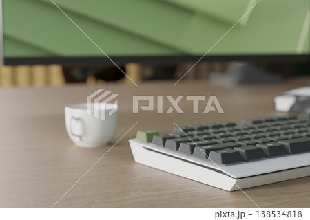 Eco-friendly workspace with wooden desk, green plants and modern computer monitor. 3D render 138534818