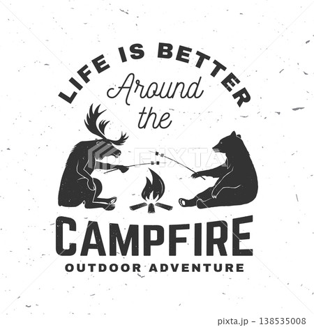 Moose and bear roasting marshmallow at campfire outdoor camping scene vector illustration with wildlife animals in forest adventure design for t shirt poster and sticker isolated on white background Moose and bear roasting marshmallow at campfire outdoor camping scene vector illustration with wildlife animals in forest adventure design for t shirt poster and sticker isolated on white background 138535008