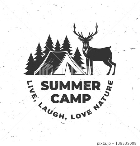 Camping tent in forest with deer outdoor summer camp scene vector illustration with trees and wildlife nature adventure design for t shirt poster sticker isolated on white background Camping tent in forest with deer outdoor summer camp scene vector illustration with trees and wildlife nature adventure design for t shirt poster sticker isolated on white background 138535009
