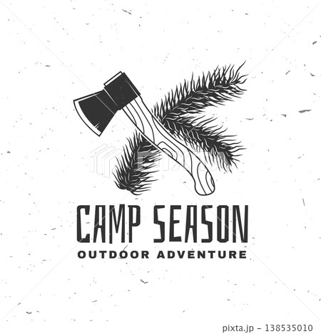 Axe with pine branch outdoor camping scene vector illustration with wood cutting tool and forest nature adventure design for t shirt poster sticker isolated on white background Axe with pine branch outdoor camping scene vector illustration with wood cutting tool and forest nature adventure design for t shirt poster sticker isolated on white background 138535010