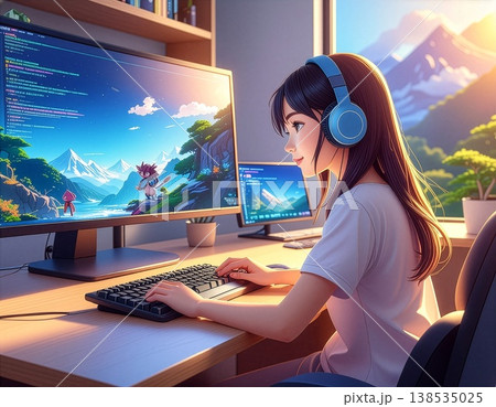 デスクでゲーム開発に集中するゲームクリエイーター 138535025