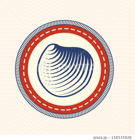 Seashell badge, retro vintage marine emblem in stitched patch style for seafood branding, packaging and logo design. Vector 138535026