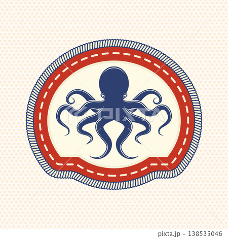 Octopus badge, retro vintage marine emblem in stitched patch style for seafood logo, branding and packaging. Vector Octopus badge, retro vintage marine emblem in stitched patch style for seafood logo, branding and packaging. Vector 138535046