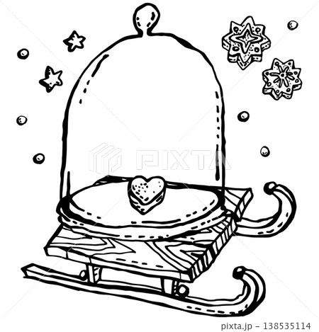 A transparent glass stylized dome on wooden sled 138535114