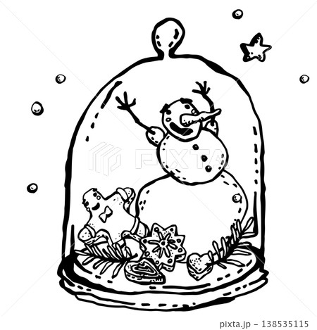 Dancing, laughing snowman with gingerbread cookies 138535115