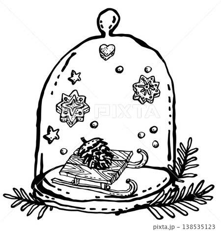 A pine cone on a children sled under a glass cap 138535123