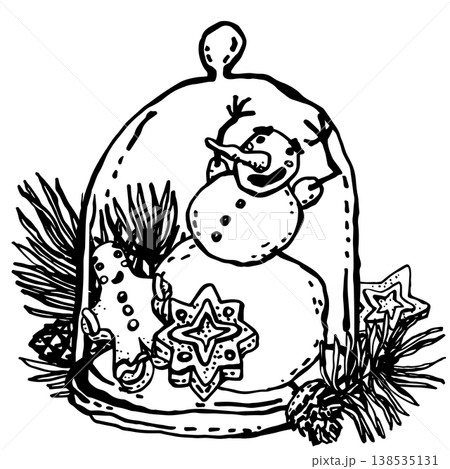 Playful snowman with gingerbread under glass dome Playful snowman with gingerbread under glass dome 138535131