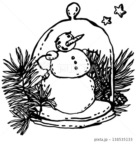 A dreaming cartoon snowman under glass dome 138535133