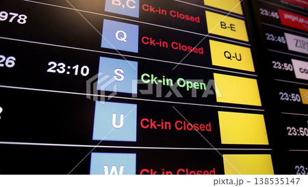 Airport display board. Airport departure information board displaying boarding gate open check in status and cancelled flights. Ideal for travel aviation tourism delay and transportation concepts. Airport display board. Airport departure information board displaying boarding gate open check in status and cancelled flights. Ideal for travel aviation tourism delay and transportation concepts. 138535147