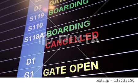 Airport display board. Airport departure information board displaying boarding gate open check in status and cancelled flights. Ideal for travel aviation tourism delay and transportation concepts. Airport display board. Airport departure information board displaying boarding gate open check in status and cancelled flights. Ideal for travel aviation tourism delay and transportation concepts. 138535150