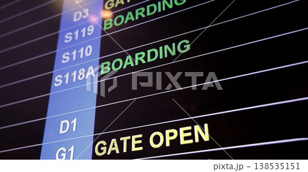 Airport display board. Airport departure information board displaying boarding gate open check in status and cancelled flights. Ideal for travel aviation tourism delay and transportation concepts. Airport display board. Airport departure information board displaying boarding gate open check in status and cancelled flights. Ideal for travel aviation tourism delay and transportation concepts. 138535151
