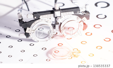 Eye exam equipment rests on a vision chart 138535337