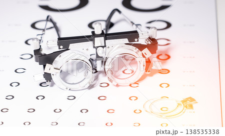 Eyeglasses rest atop an eye chart 138535338