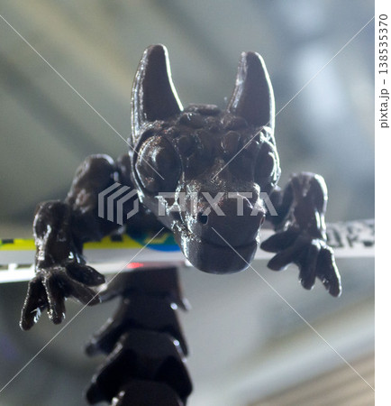 3D printed art object. Object printed on 3D printer from melted black plastic. Model in shape muzzle dragon created on 3D printer from threads molten plastic. Modern additive progressive technologies 3D printed art object. Object printed on 3D printer from melted black plastic. Model in shape muzzle dragon created on 3D printer from threads molten plastic. Modern additive progressive technologies 138535370