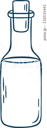 Mediterranean blue line doodle of a classic olive oil bottle. Minimalist kitchen icon for Italian restaurant branding or grocery packaging 138535441