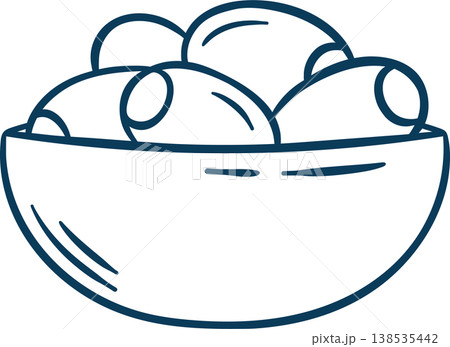 Olives in a wooden bowl, simple vector icon in doodle and sketch style with Mediterranean blue line. Hand-drawn appetizer for food menus or Mediterranean branding 138535442
