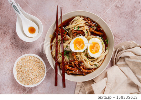 buckwheat noodles soba with shimeji mushrooms, with boiled egg, green onion, sesame seeds, homemade, without people, 138535615