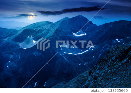 mountain scenery in summer at night. gorgeous mountainous landscape. background with rocky cliffs and grassy hillsides under a cloudy sky. full moon over ridge of mysterious mountains 138535660