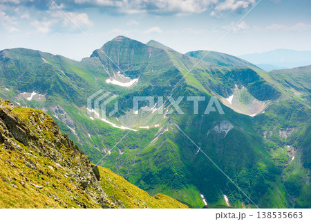 romania mountain scenery in summer. gorgeous mountainous landscape of carpathians. background with rocky cliffs and grassy hillsides under a cloudy sky. fagaras ridge of southern carpathian mountains romania mountain scenery in summer. gorgeous mountainous landscape of carpathians. background with rocky cliffs and grassy hillsides under a cloudy sky. fagaras ridge of southern carpathian mountains 138535663