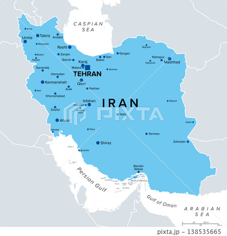 Iran, blue political map, with international borders, capital city Tehran and major cities. Islamic Republic of Iran, also known as Persia, a country in West Asia, bordering the Persian Gulf. Vector 138535665