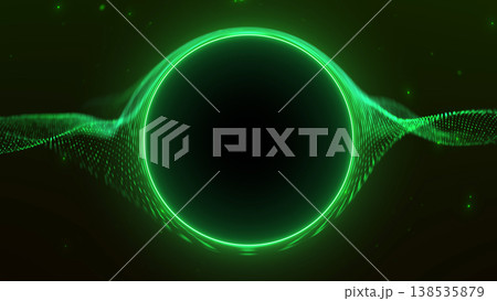 Green digital energy ring with particle wave structure and glowing circle on dark background. Futuristic tech scene with vivid motion and clean central space. Green digital energy ring with particle wave structure and glowing circle on dark background. Futuristic tech scene with vivid motion and clean central space. 138535879