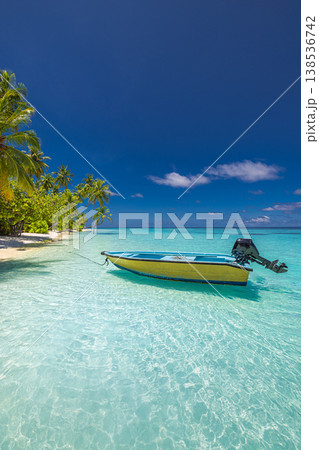 Rustic dingy boat on pristine turquoise lagoon, castaway tropical paradise with palm trees and sunny blue sky 138536742