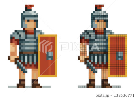 Pixel art character Roman legionary wearing a silver helmet with a red plume, segmented armor, holding a short sword and a rectangular shield, standing on a white background. 138536771
