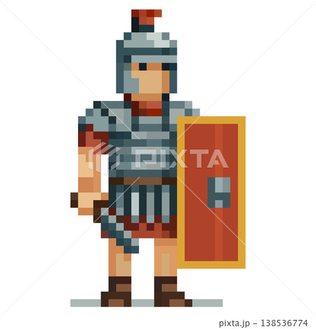 Pixel art character Roman legionary wearing a silver helmet with a red plume, segmented armor, holding a short sword and a rectangular shield, standing on a white background. Pixel art character Roman legionary wearing a silver helmet with a red plume, segmented armor, holding a short sword and a rectangular shield, standing on a white background. 138536774