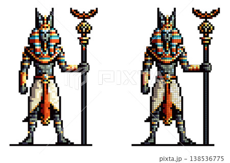 Pixel art character the ancient Egyptian god Anubis, with a jackal head, traditional attire, and a tall staff, standing on a white background. Pixel art character the ancient Egyptian god Anubis, with a jackal head, traditional attire, and a tall staff, standing on a white background. 138536775