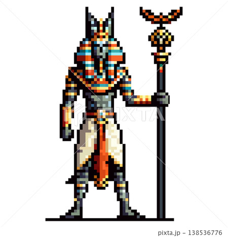 Pixel art character the ancient Egyptian god Anubis, with a jackal head, traditional attire, and a tall staff, standing on a white background. Pixel art character the ancient Egyptian god Anubis, with a jackal head, traditional attire, and a tall staff, standing on a white background. 138536776