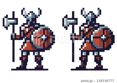 Pixel art character Viking warrior wearing a horned helmet, red armor, holding a large axe and a round shield, standing on a white background. 138536777