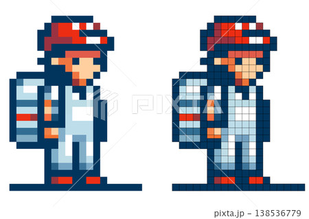 Pixel art character traveler wearing a red and white cap, light blue clothing, a large backpack, and red shoes, standing on a white background. Pixel art character traveler wearing a red and white cap, light blue clothing, a large backpack, and red shoes, standing on a white background. 138536779