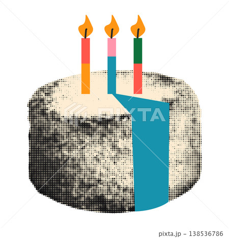 Birthday cake with three candles halftone element for collage. Funny sticker, paper cut out with vintage dotted texture and doodles. Modern retro mixed media vector illustration, party decoration Birthday cake with three candles halftone element for collage. Funny sticker, paper cut out with vintage dotted texture and doodles. Modern retro mixed media vector illustration, party decoration 138536786