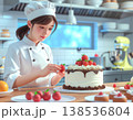 ケーキ、デザートを仕上げるパティシエ 138536804