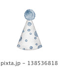 Watercolor Birthday party hat. Blue party cones with polka dot. Hand painted clip art perfect for birthday invitation or card, sticker, nursery wall art. Transparent background 138536818