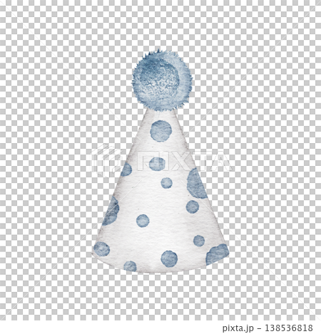 Watercolor Birthday party hat. Blue party cones with polka dot. Hand painted clip art perfect for birthday invitation or card, sticker, nursery wall art. Transparent background 138536818