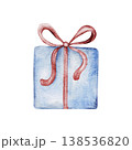 Blue gift box with red bow. Watercolor Hand drawn illustration. Celebration Surprise for Christmas or birthday party invitations, greeting card. Transparent background. Surprise for Christmas or 138536820